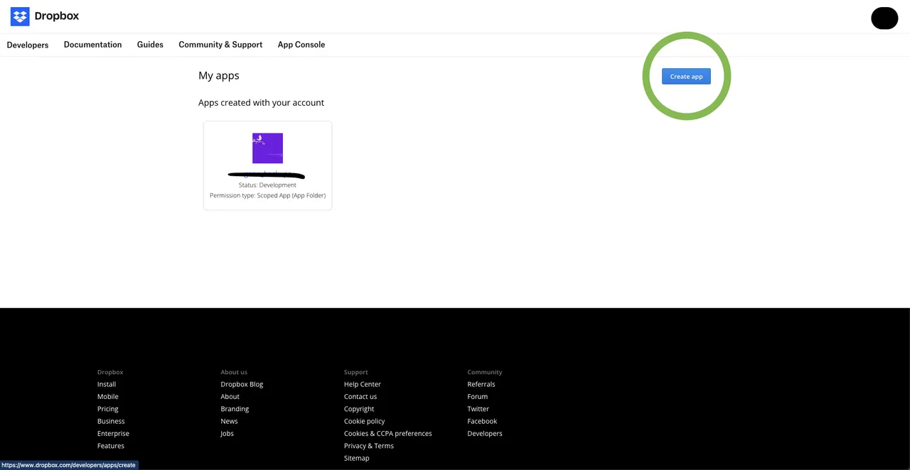 The Dropbox developer apps console, where you create a new app
