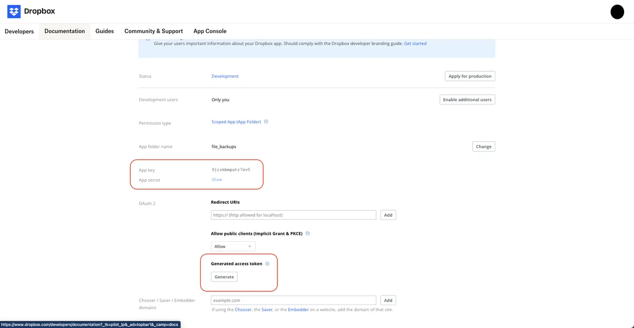 The app settings page showing the App key, App secret, and the Generate access token button